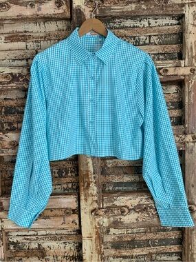 NWT OOPS!!! Cropped Turquoise Gingham Button-Up Shirt, Cropped, Checkered, M